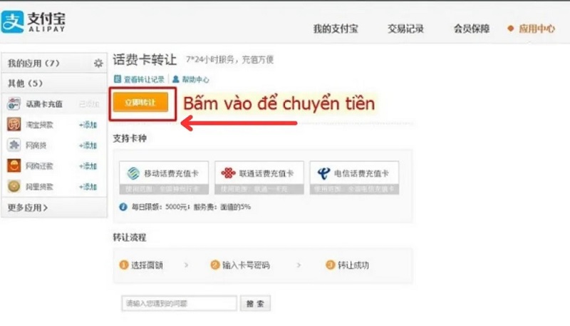 chọn chuyển tiền bằng thẻ cào điện thoại